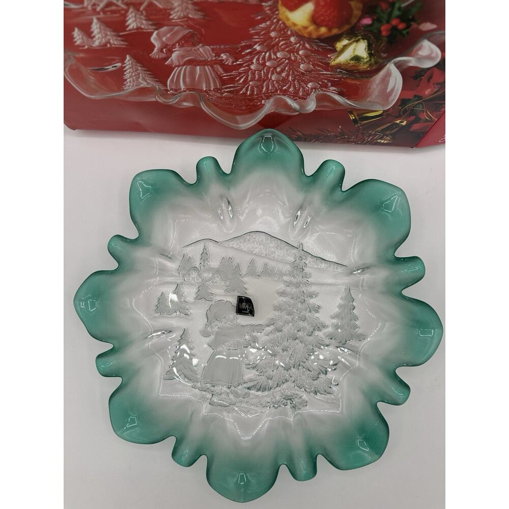 Vtg Mikasa Christmas Story 13 1/2" Crystal Holiday Green Edge Platter Bowl Tray